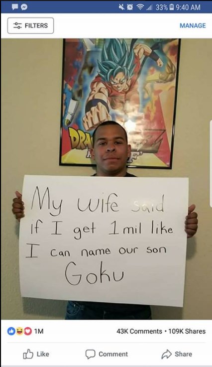 Un milione di Like per chiamare il figlio Goku